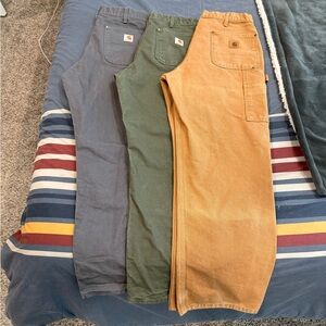 Carhartt Men's Double Front Dungaree (firm) in Grey, Green, and Tan